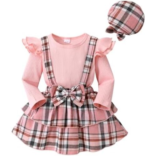 Infant Baby Girl Fall Outfit Ruffle Sleeve Romper Plaid Suspender Skirt Sets Layered Dress with Hat