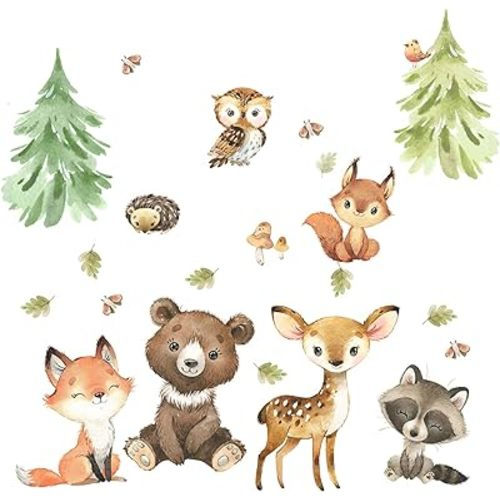 Woodland Nursery Wall Decals for Boys Girls Baby Nursery Kids Neutral Bedroom Decor,Woodland Animals Wall Decals Stickers Decor for Nursery Playroom Classroom,Forest Animal Wall Decals Peel and Stick