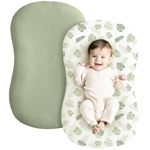 Konssy Muslin Baby Lounger Cover 2 Pack, 100% Cotton Newborn Lounger Cover, Soft and Breathable Lounger Slipcover for Boys Girls, Covers Only (Palm Paradise,Sage)