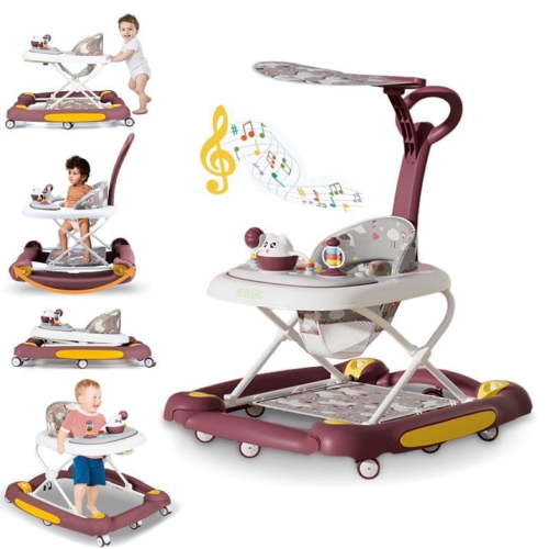 YYuan 4-in-1 Infant Walker with Music and Play Toys, Compact Folding Baby Walker with Wheels for Boys and Girls,Red