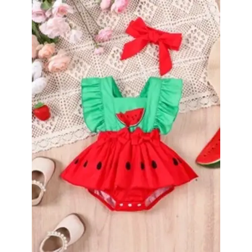 SHEIN Baby Girls' Summer Watermelon Bodysuit With Ruffle & Headband, Cute Fruit Print For Festivals, Parties, Beach Vacation