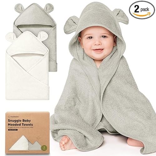KeaBabies 2-Pack Hooded Baby Towels for Newborn - 30x30 Soft & Absorbent Viscose from Bamboo Baby Bath Towels with Hood for Infant, Toddler,Kids,Boys Girls,Newborn Bath Essentials (Graphite, Petite)