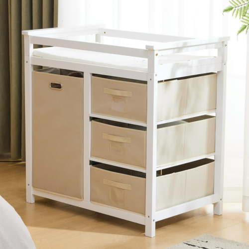 Zimtown Baby Changing Table,Dresser Baby Diaper Changing Station with Laundry Hamper,Infant Nursing Table with 3 Storage Drawers,Removable Safety Rail & Strap for Bedroom,White