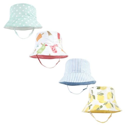 Hudson Baby Infant Girl 4Pc Sun Protection Hat, Ice Cream Dot Lemon Stripe, 12-24 Months