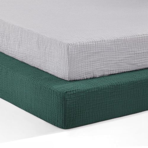 Pro Goleem Muslin Pack n Play Sheets for Boys and Girls, Soft Breathable Cotton Fitted Mini Crib Sheets, Neutral Baby Sheets for Playard Mattress, 2 Pack (Grey&Green)