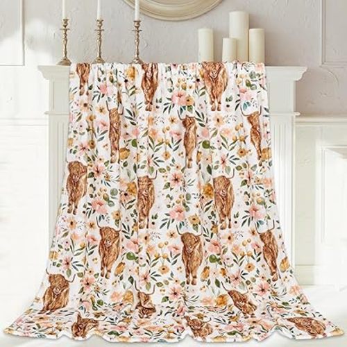 Floral Highland Cow Fuzzy Flannel Blanket 60 x 50 Inch Farmhouse Throw Blanket Watercolor Flower Cow Blanket for Home Chair Sofa Couch Bed