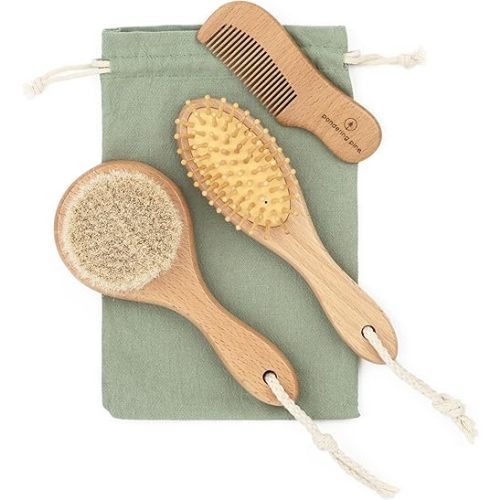Natural Baby Hair Brush Set with Boho Bag - Goat Hair Cradle Cap Brush, Toddler Brush and Comb - Scalp Grooming Baby Hairbrush for Newborn and Infant, Wooden Brushes for Boys and Girls