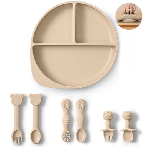 Silicone Baby Feeding Set Plates and Utensils Set for Baby Toddlers Infant Kids,forks and spoons baby plates with suction,baby spoons self feeding 6 months,baby feeding essentials (Beige)