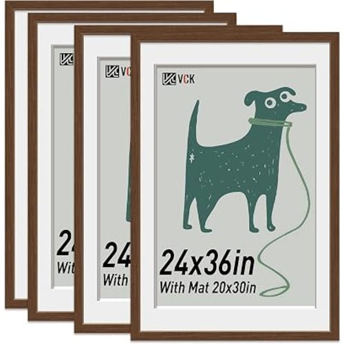 VCK 24x36 Poster Frame 4 Pack, Brown Wood, Matted to 20x30, for Pictures