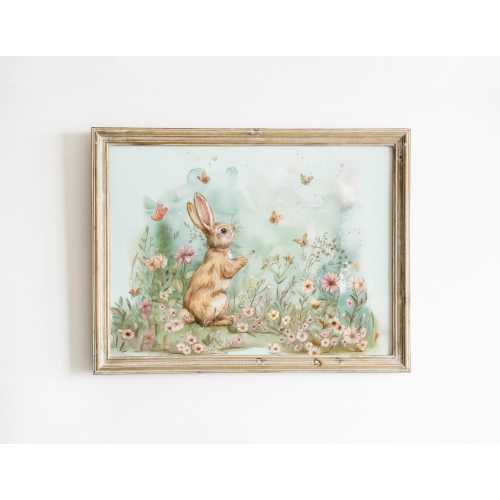 Floral Bunny Nursery art print Floral Watercolor nursery bunny rabbit print blue nursery printed and shipped on high archival paper KRR1-A1