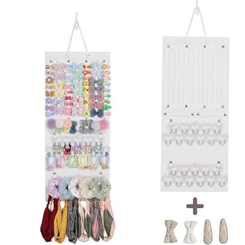 Hanging Bow Organizer for Girls – 1 Pack Hair Bow Holder for Wall with 4 hairclips, Headband and Clip Storage – Hair Accessories Display – Nursery Decor for Baby, Toddler, Kids Room (Beige)