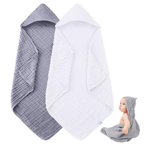 Dyues 2 Pack Hooded Baby Towels - Muslin Cotton for Newborns, Infants, Toddlers - Large 31x31Inch - Highly Absorbent and Essential,White+Grey