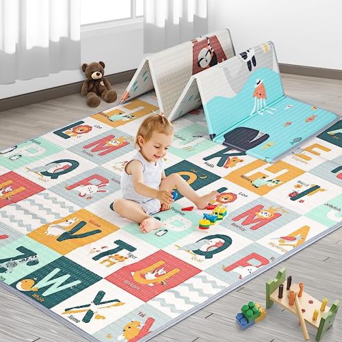 MEM Baby Play Mat 71" x 59", Foldable Baby Play Mats for Floor, Reversible Waterproof Foam Playmat for Babies and Toddlers, Large Non-Slip Baby Crawling Mat with Travel Bag - Ocean & Animal Alphabet - 71" x 59" x 0.4"