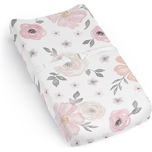 Sweet Jojo Designs Blush Pink Grey Boho Floral Girl Baby Changing Pad Cover Sheet Infant Newborn Diaper Table Change Mat Cover Bohemian Farmhouse Shabby Chic Rose Lily Watercolor Flower Elegant White