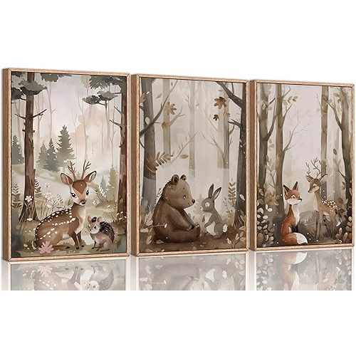 3Pcs Woodland Nursery Canvas Wall Art Cute Neutral Vintage Forest Wild Animals Bear Deer Fox Landscape Watercolor Painting Picture Wall Decor Poster Print Artwork for Baby Kids Room Unframed