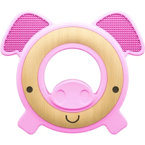 Nuby Natural Wood & Silicone Teether: Pig, 3M+, Pink (80803)