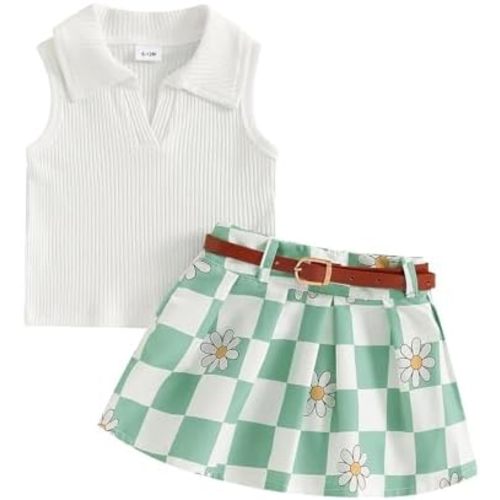 FIOMVA Toddler Baby Girl Golf Outfits,Lapel Golf Shirt+Golf Skirt Set Golf Clothes Hole in One Golf Birthday Clothing Summer