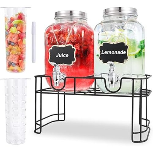 1 Gallon Glass Drink Dispensers For Parties-Set of 2,Drink Dispenser with Fruit Infuser & Stand,Juice or Beverage Dispenser for BBQ, Picnic, Party,Laundry Detergent Dispenser