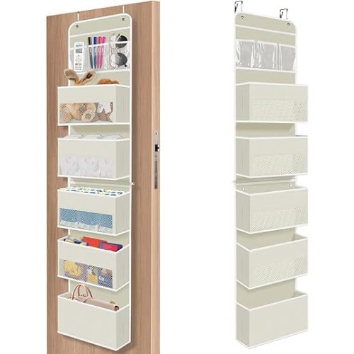 6-Tier Over The Door Organizer, Hanging Storage Organizer with Clear Window, 40lb Ultra Sturdy Large Capacity Room Organizer for Pantry Bathroom Nursery Closet Baby Essential (Beige)