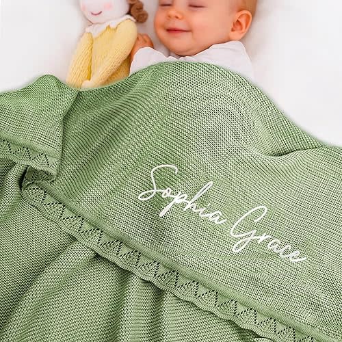 Personalized Baby Blanket 100% Cotton Embroidered Name Knit Blanket Custom Baby Blanket for Boys Girls Customized Baby Gift for Christmas Baby Shower for Newborn Toddler Stroller Blanket