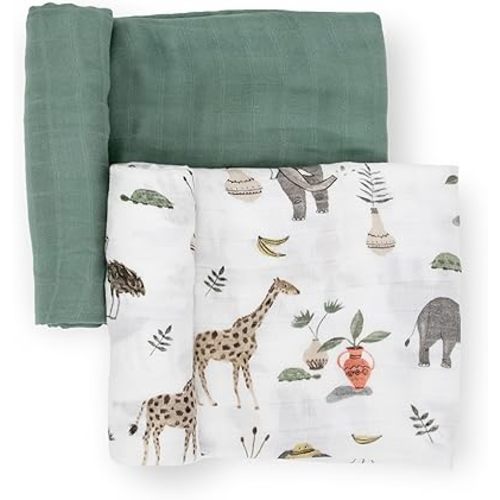 Little Unicorn Deluxe Muslin Swaddle Blanket Set | Set of 2 | Newborns and Infants | Large 47 x 47 | Machine Washable (Safari Social 2)