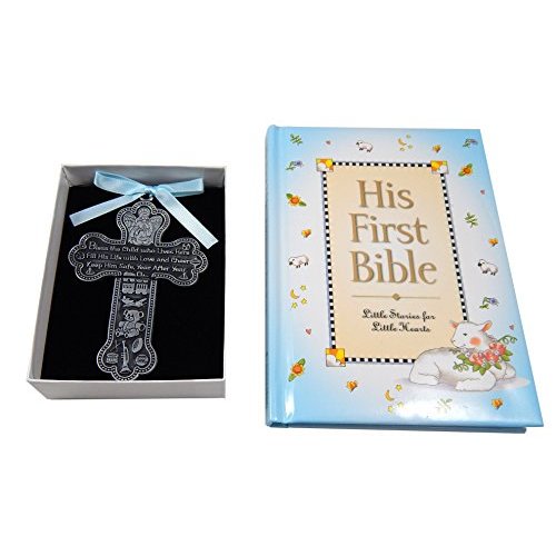 Baby Boy First Bible and 4" Pewter Baptism Guardian Angel Crib Cross (Original Version)-L8