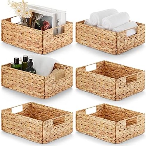 BLUEWEST Water Hyacinth Storage Baskets (Set of 6) – Woven Hyacinth Organizer with Carrying Handles, Laundry Basket for Organizing, Rattan Bin for Shelves