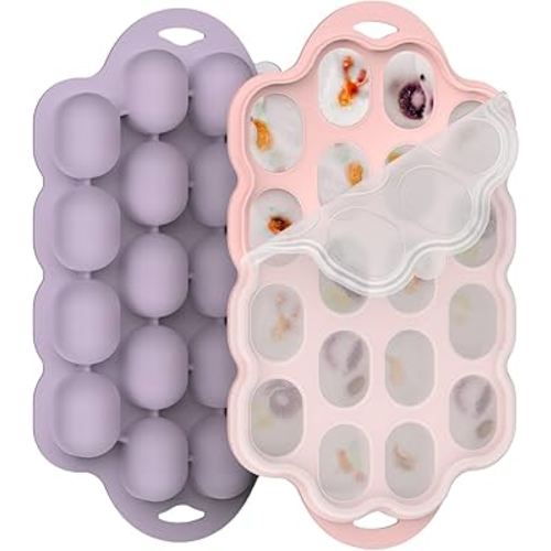 Silicone Baby Food Freezer Tray 2 Pack, Small Ice Cube Trays with Lid for Baby Fruit Food Feeder,Nibble Freezer Tray for Breastmilk Popsicle Mold and Baby Food Storage Container, BPA-Free