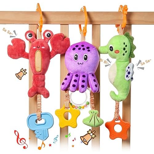 TUMAMA Baby Toys 0 3 6 12 Months, Hanging Stroller Toys Soft Marine Animal Crib Car Seat Toys, Crinkle Infant Rattles with Teether Squeaky Sensory Developmental Toy for Newborn
