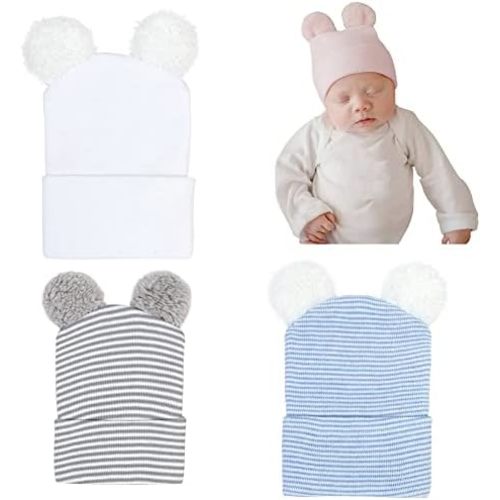 Newborn Baby Hat Infant Caps Baby Boy Girl Toddler Hospital Hats Bow Double Layer Knit Beanie Cap for 0-3 Months