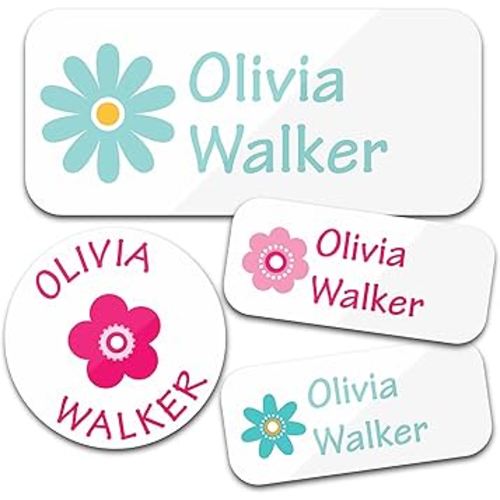 Personalized Daycare Name Labels (130 Labels) - Custom Waterproof Name Stickers for Clothing Tags, Water Bottles, Lunch Boxes and School Supplies (Flowers)