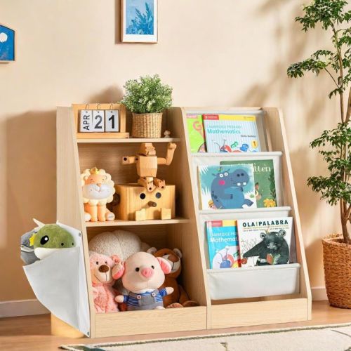 FONTOI 29.5"H 3 Tier Kids Wooden Bookshelf with Pocket, Baby Toddler Bookshelf and Toy Storage Organizer for Kids Room Playroom Nursery Classroom