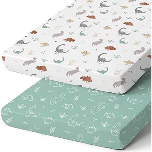 Pack n Play Sheets, BROLEX 2 Pack Mini Crib Sheets,Stretchy Portable Fitted Playard Sheet Set, Convertible Playard Mattress Cover,Ultra Soft Breathable Material,Cute Dinosaurs