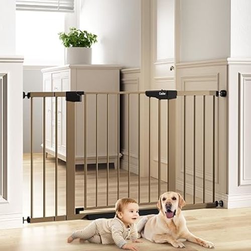 Cumbor 29.7-51.5" Baby Gates for Doorways Extra Wide, Safety Dog Gate for Stairs, Easy Walk Thru Auto Close Pet Gates for The House, Child Gate Includes 4 Wall Cups, Brown, Mom's Choice Awards Winner