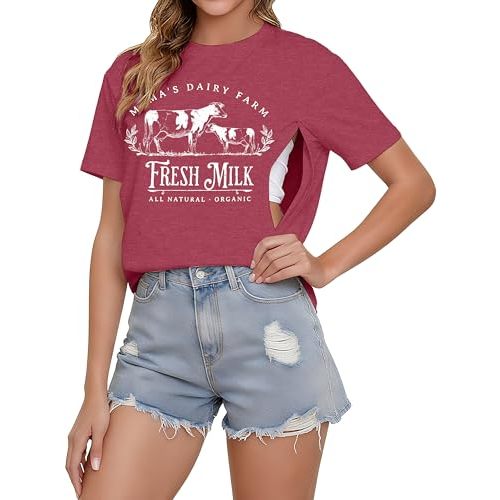 Comfort Breastfeeding Shirts for Women Zip Nursing Tops Causal Distressed Acid Washed Maternity Tees