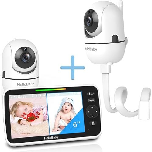 HelloBaby 6" IPS Split-Screen Monitor 2 Cameras with 20" No Tool Flexible Mount, No WiFi, 30H Battery, 355° PTZ, 2-Way Talk, Night Vision, 8 Lullabies, 1000ft -for Twins Parents, Nursery/Travel Use