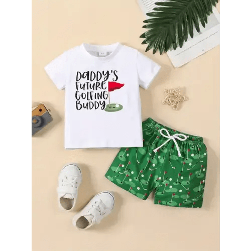 Baby's "Daddy's * Buddy" Print 2pcs Summer Casual Outfit, T-shirt & Shorts Set, Toddler & Infant Boy's Clothes