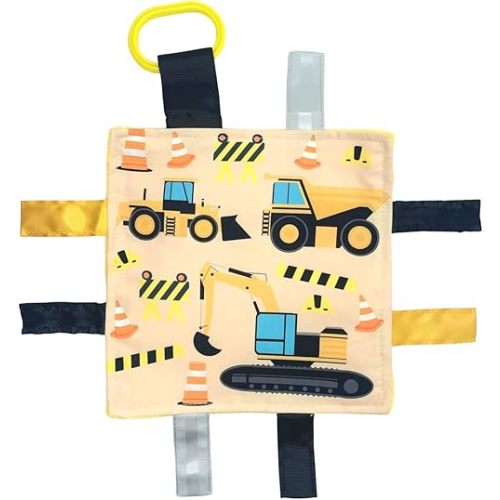 Baby Jack & Co 8x8” Construction Lovey Tag Toy for Babies - Baby Crinkle Toy - Soft & Safe - Learn Shapes & Colors - Ideal Baby Toy - BPA Free w/Stroller Clip