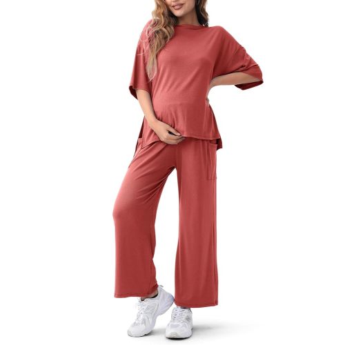 Maternity Lounge Set 2 Piece Outfits Matching Short Sleeve Top Adjustable Long Pants Pregnancy Summer Loungwear
