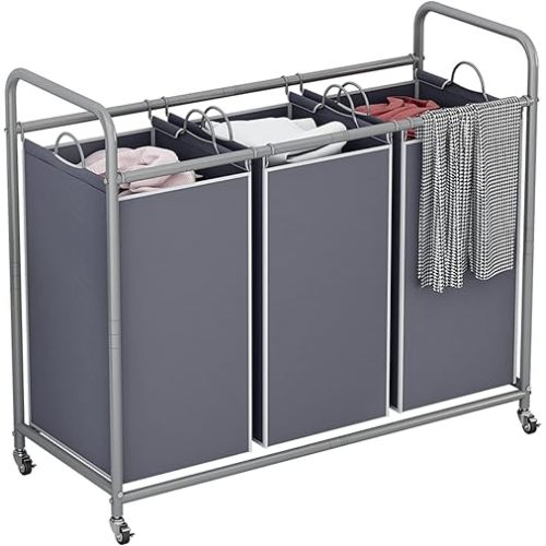 LINZINAR 3-Bag Laundry Sorter,Laundry Hamper Cart with Heavy Duty Rolling Lockable Wheels and Removable Bags (Grey)