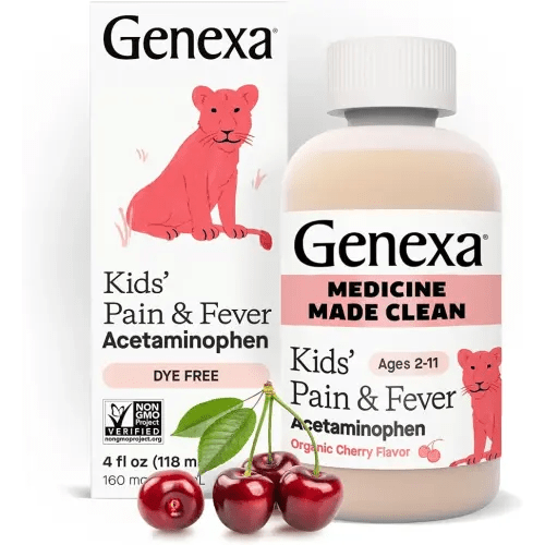 Genexa Children's Clean Acetaminophen | Pediatrician Preferred Ingredients | Pain & Fever Reducer for Kids | Dye Free, 0% Artificial Additives | Ages 2-11, Delicious Organic Cherry Liquid, 4 fl oz