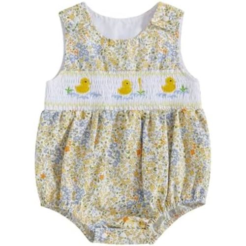 Baby Girl Floral Bubble Romper with Duck Embroidery Sleeveless Smocked Bodysuit Farm Animal Summer Outfit