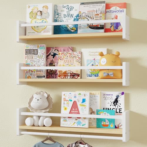 MXCSE Floating Nursery Book Shelves, Floating Shelves for Wall Kids, Pine Wood Wall Mounted Bookshelves for Nursery, Book Shelves for Bedroom Kids, Toddler Room, Baby Room (White, 24 Inches)