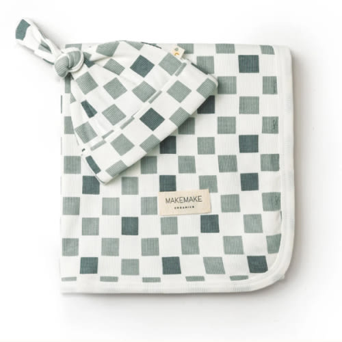 Organic Swaddle Blanket & Hat Set - Chequered