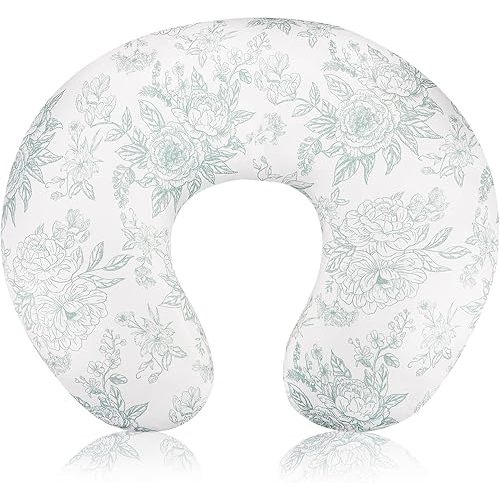 Nursing Pillow Cover, Removable Nursing Covers for Breastfeeding Pillows, Stretchy and Soft Fit for Baby Girls Boys Newborn, Green Flower (Only Cover)