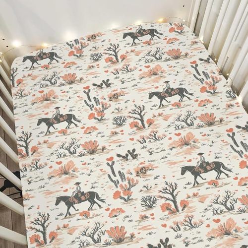Vintage Western Cowgirl Love Baby Crib Sheets for Boy Girl 28"x52" Retro Pink Cowgirl Horse Cactus Soft Stretchy Fitted Crib Mattress Cover Wild West Baby Sheet for Standard Crib and Toddler Mattress