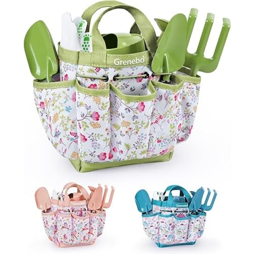 Kids Gardening Set Toys, Quality Garden Tool Kit for Kids and Toddlers, Includes Two Shovels, Garden hat,Rake, Apron,Gloves, Watering Can, and Tool Bag (Green)