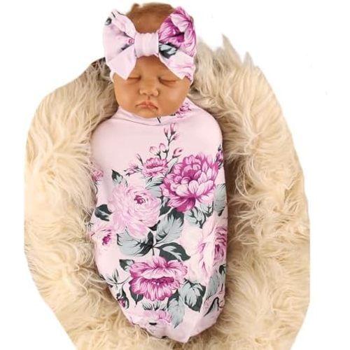 Galabloomer Receiving Blanket Headband Set Flower Print Baby Swaddle Receiving Blankets
