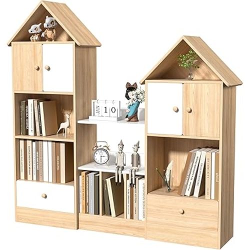 Castle Shaped Bookcase, Multi Tier Combination Bookshelf, U-Shaped Bookcase with Opening Shelves 2 Barns and 2 Drawers, Modern Cube Storage Shelf for Living Room and Playroom Wooden Color