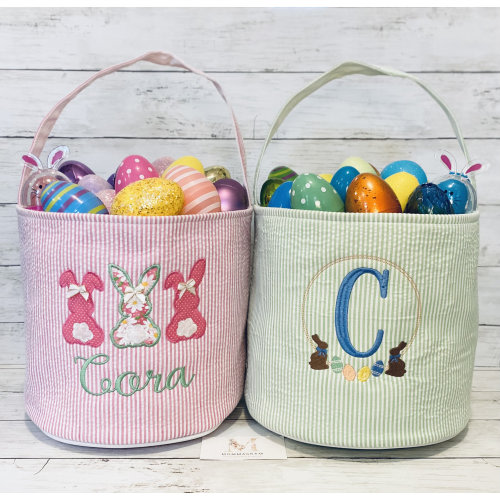 Personalized Seersucker Easter Buckets, Boy and Girl Easter Baskets, Monogrammed Easter Baskets, Customized Easter Baskets